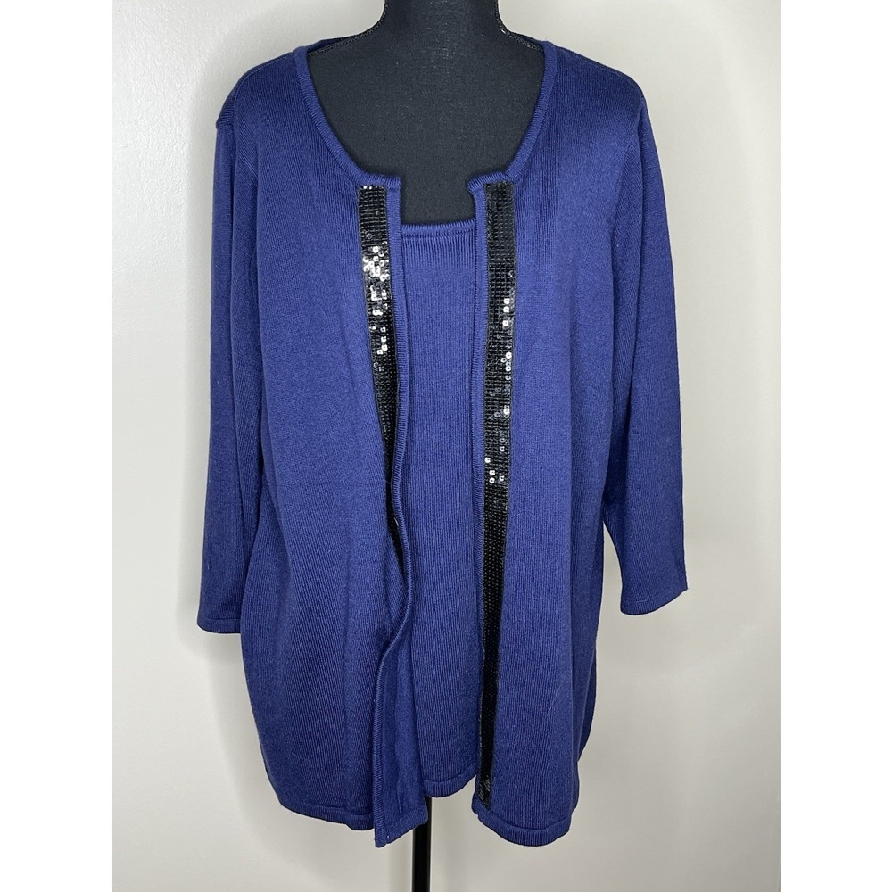 Sag Harbor Women's Blue Attached Stretch Sweater 3/4 Sleeve Sequined Size 1X